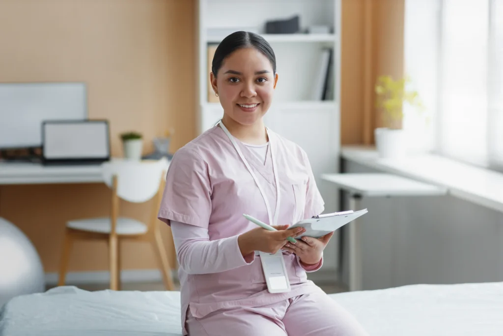 Clinician in pink scrubs holding a clipboard